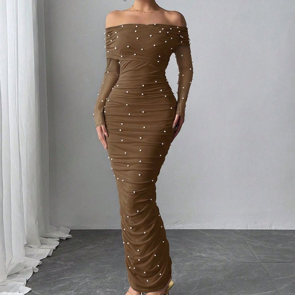 Coffee Brown Elegant Women's Off-Shoulder Pearl Decor Ruffle Maxi Dress - Picture 3 of 10
